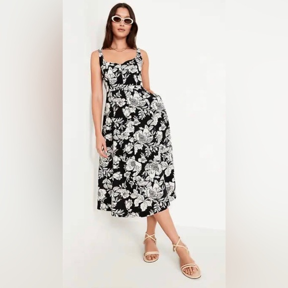NWT Old Navy Floral Black & White Midi Euro Summer Dress Linen Fit & Flare Small - Picture 2 of 13